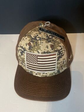 Ariat Trucker Hat Cap Snap Back Brown Mens Digital Camo American Flag Military